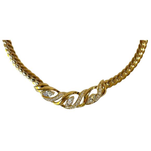 Trifari TM Gold Plate Clear Rhinestone Open Design Centerpiece Chevron Choker - Picture 2 of 4
